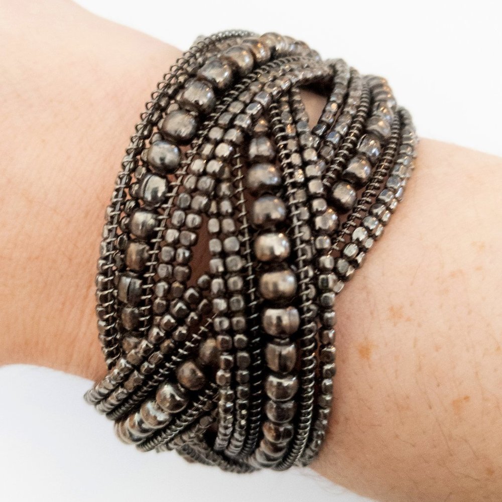 Vintage Hematite Wrapped Cuff Bracelet Beaded Brown Layered Boho Braided Bangle
